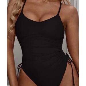 Viottiset Womens Ruched High Cut 1-Piece Swimsuit Tummy Control Cheeky Black XL